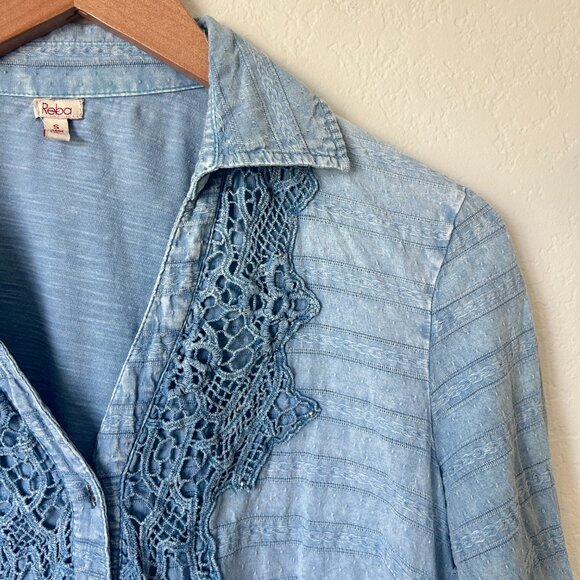 Reba Top Womens Small Blue Embroidered Lace Trim Studded Button Up Blouse S - Picture 8 of 10